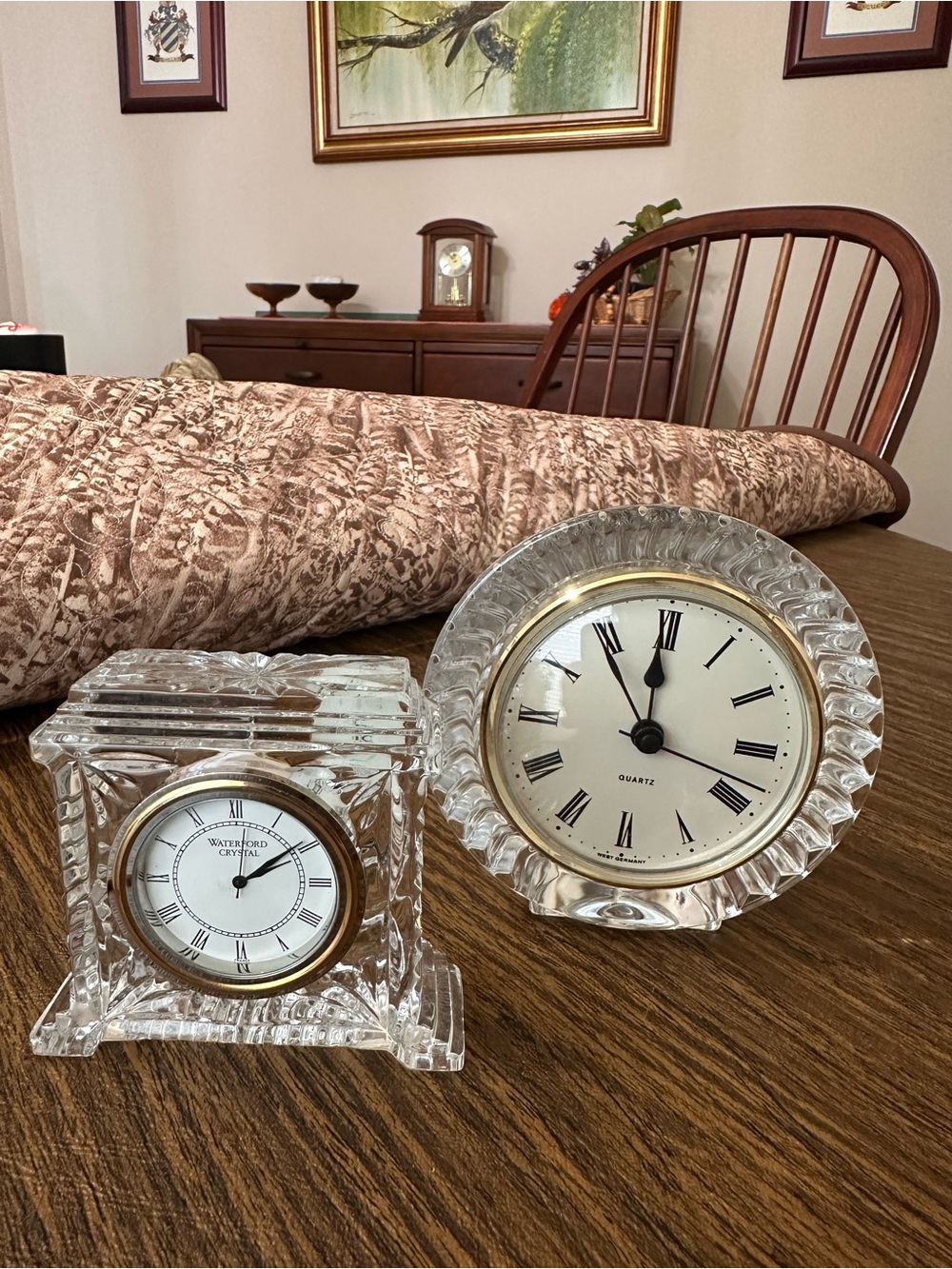 Waterford Clear Crystal Mantel and Round Desk Clock Set with Gold Accents